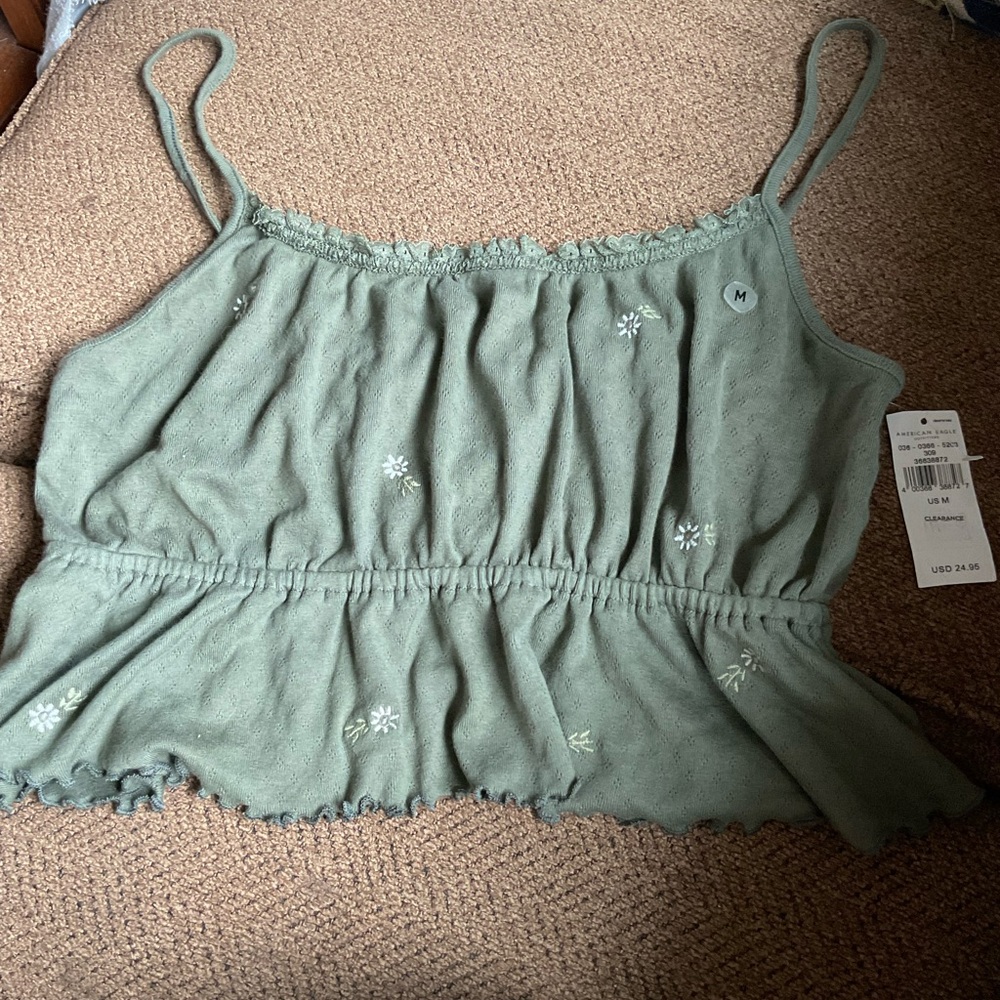 American eagle olive/camo green, flower embroidered, lettuce trim tank top